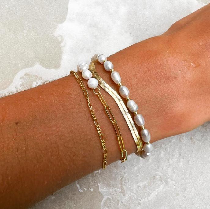 Pearl, beaded and gold bracelet stack