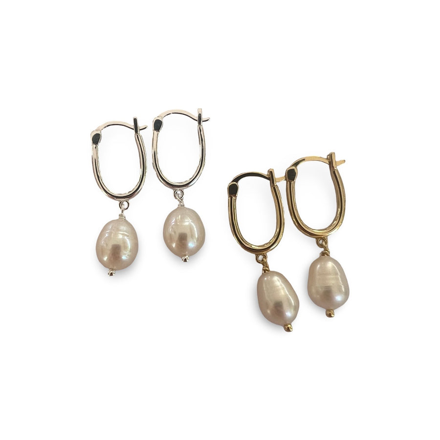 Paperclip Pearl Drop Earrings - Gold or Silver