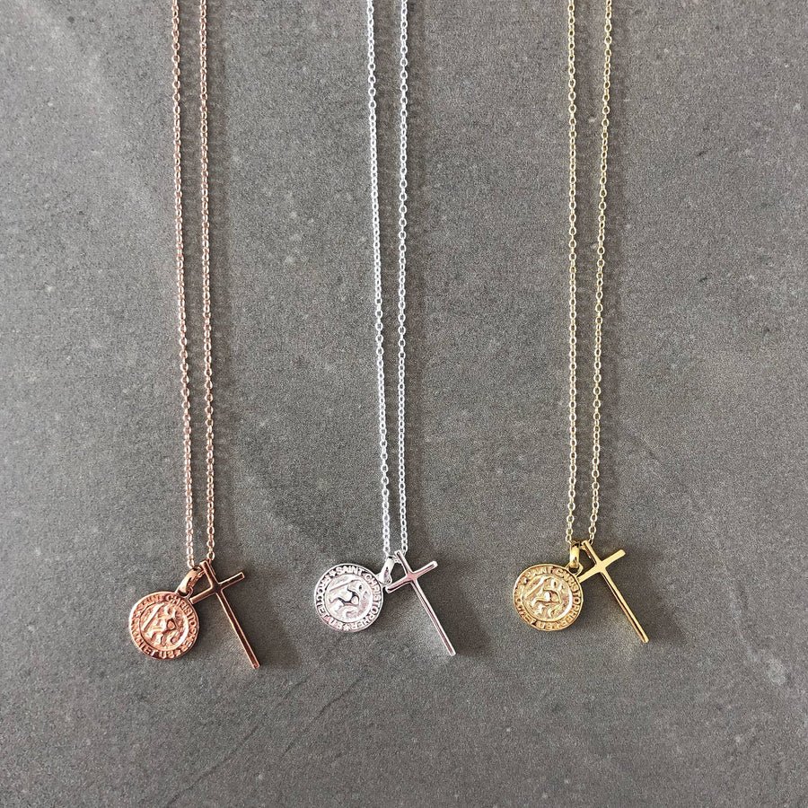 St Christopher Medallion & Cross Necklace